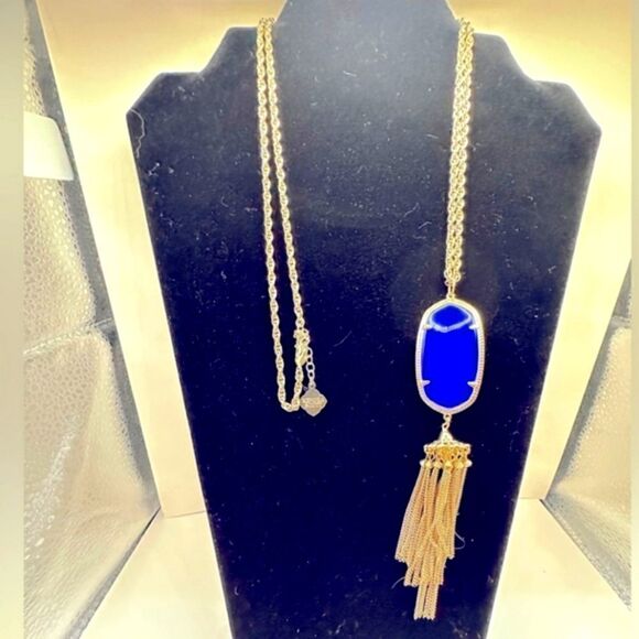 KENDRA SCOTT NAVY BLUE RAYNE SET IN GOLD TONE !!!  TASSEL RAYNE!!! GORGEOUS!! - Picture 1 of 5